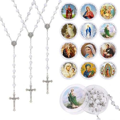 24 Pcs Red/White Rosary Beads Bulk, Jesus Cross Rosarios Catolicos, Virgen De Guadalupe Wooden Beads Rosary Necklace with Box, Catholic Gifts Funeral Baptism Favors First Communion Favors for Guests - color: White