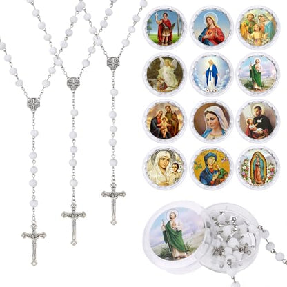 24 Pcs Red/White Rosary Beads Bulk, Jesus Cross Rosarios Catolicos, Virgen De Guadalupe Wooden Beads Rosary Necklace with Box, Catholic Gifts Funeral Baptism Favors First Communion Favors for Guests - color: White