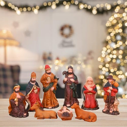 Mini Nativity Set 9pcs, Resin Nativity Scene Figurines Baby Jesus Oranment for Home Office Tabletop Decoration Desktop Collectibles Decor - size: 9 pcs