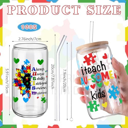 SiliFine Autism Teacher Appreciation Gifts, 6 Pcs Glass Cups with Lids - style: Autism