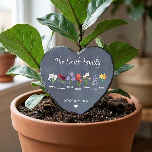 Mom’s Garden Stone Personalized with Kids Names & Birth Flowers - Custom Heart Slate Birthday Gift for Grandma, Nana, or Aunt - Unique Mother’s Day Gifts (S-204) - color: S-204