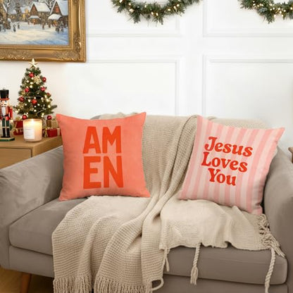Inspirational Christian Pillow Cover 18x18, Christian Gifts for Women, Jesus Loves You Colorful Bible Verse Religious Pillow Pillowcase for Home Bedroom Living Room Bed Church, Set of 4 - color: Red