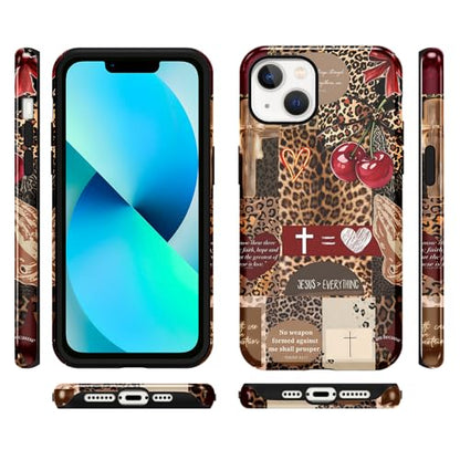 for iPhone 15 6.1'' Brown Cheetah Christian Phone Case - color: Red Cherry Leopard Collage, size: iPhone 15