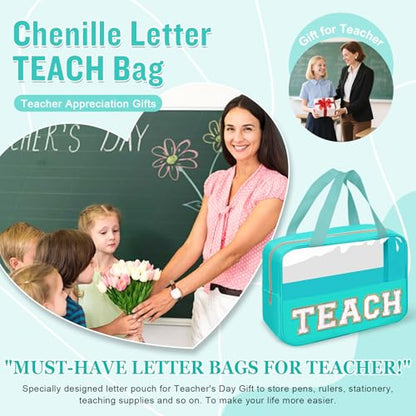 Teacher Appreciation Gifts Chenille Letter Clear Makeup Bag TEACH Pouch, Preppy Waterpoof Makeup Cosmetic Bag with Zipper Graduation Retirement Birthday Teacher Essentials Gifts for Women(TEACH-Green) - color: TEACH-Green