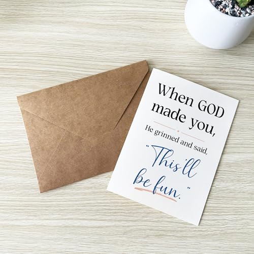 When God Made You He Grinned Card Funny Christian Encouragement Cards Religious Humor Message Hilarious Birthday Greeting Gift for Friend Bestie Prayer Partner Family Coworker - color: When God Made You