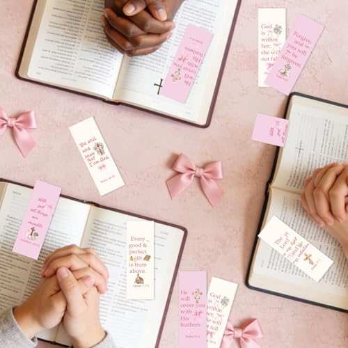 100 Pcs Christian Bookmarks, Religious Pink Bow Cross Flower Paper Bookmark Bulk for Women, Inspirational Bible Verse Book Mark Gift for Reading Lovers Church Accessories - color: Christian B