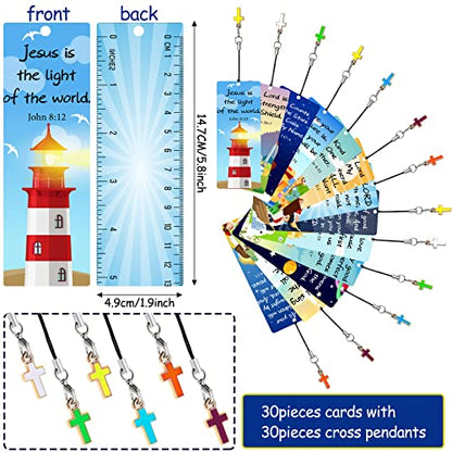 30 Pcs Christian Bible Verse Bookmarks for Kids with Cross Pendants