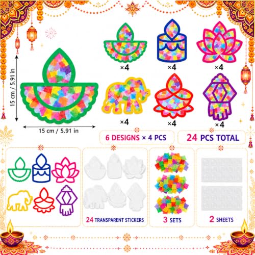 Cinrobiye 24 Sets Diwali Craft Kits, DIY Lotus Flower Suncatchers for Festival of Lights, Tissue Paper Art Craft Diwali Party Favors for Indian Temple Sunday School Classroom Activities - style: Diwali2