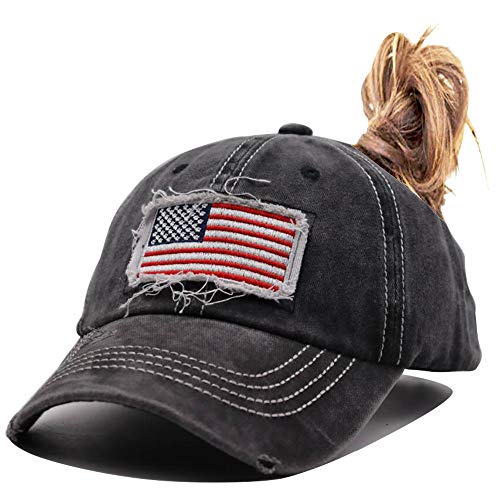Women American Flag Ponytail Hat, Embroidery Adjustable Washed Distressed Messy Bun Baseball Cap … - color: Us Flag -Black