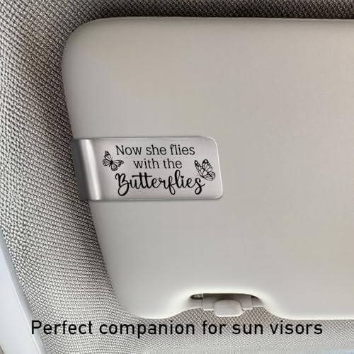 Now She Flies with Butterflies Visor Clip for Cars, Sympathy Gifts for Loved One, Thoughtful Bereavement Gifts for Loss of Mother Grandmother, Memorial Car Visor Clip for Men Women
