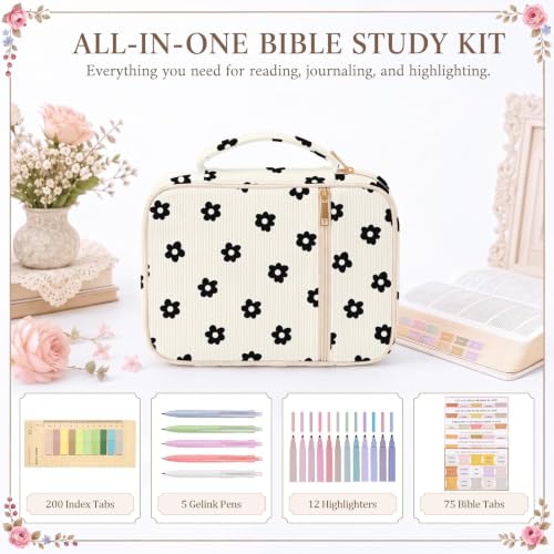 Britimes Bible Cover Case for Women, Bible Cover with Accessories, Daisy - color: Black White Floral