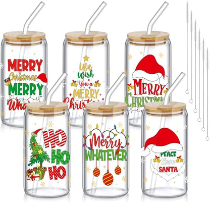 SiliFine 6 Pcs Christmas Glass Cups with Lid and Glass Straw 16 oz Holiday Iced Coffee Cup Xmas Can Shaped Beer Water Glasses Tumbler Christmas Appreciation Gifts for Xmas Party Favors - style: Santa
