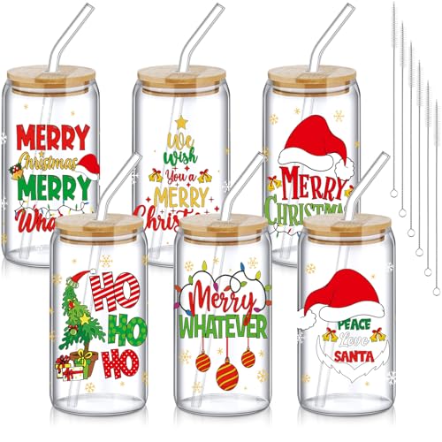 SiliFine 6 Pcs Christmas Glass Cups with Lid and Glass Straw 16 oz Holiday Iced Coffee Cup Xmas Can Shaped Beer Water Glasses Tumbler Christmas Appreciation Gifts for Xmas Party Favors - style: Santa
