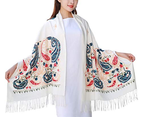 Urban CoCo Embroidered Scarf for Women, Tassel Shawl, Soft Lightweight Wrap - color: #5-white