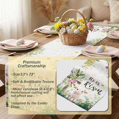 Easter Table Runner 13 x 72 Inch, He is Risen Religious Cross and Little Lamb Decor, Modern Farmhouse Spring Floral Kitchen Dining Table Runner for Holiday Party, Indoor Outdoor Decoration - style: He Is Risen Lamb