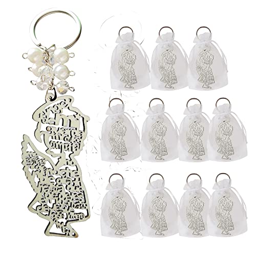 12 Pcs Baptism Wooden Keychain Angel Design Favors with Organza Bags