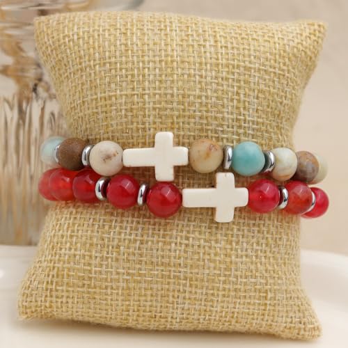 Cross Birthstone Gemstone Beaded Stretch Protection Bracelet for Man Woman, Handmade Healing Stone Chakra Beads Elastic Bracelets Accessories Fashion Jewelry Gift. - color: Red Agate