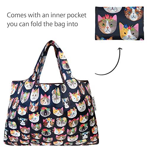 allydrew Large Foldable Tote Nylon Reusable Grocery Bags - color: Set of 2, Crazy Cats, size: Large & Small (Set of 2)