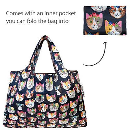 allydrew Large Foldable Tote Nylon Reusable Grocery Bags - color: Set of 2, Crazy Cats, size: Large & Small (Set of 2)