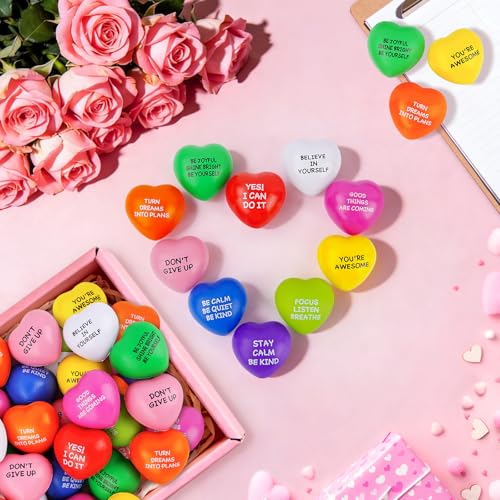 SHQDD Stress Balls, 100PCS Bulk Heart Stress Balls, Stress Balls for Adults & Kids, Motivational Quotes Soft Foam Stress Relief Squeeze Toys, Office Classroom Stress Relief Gifts, Perfect Party Favors