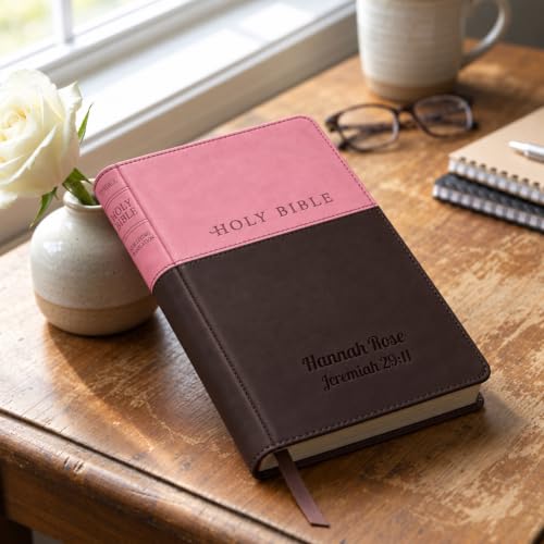 Printualist Personalized NLT Bible, Custom Engraved Name and Scripture Reference, Red Letter New Living Translation Text, Two-Tone Faux Leather Christian Gift for Church Use, Pink and Dark Brown - color: Pink/Dark Brown Tutone
