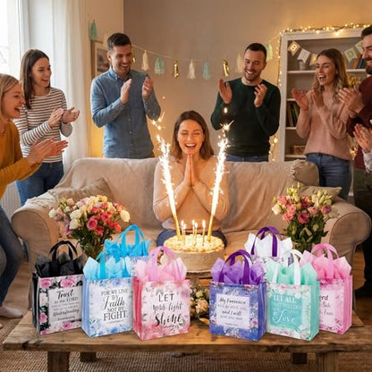 32 Pcs Christian Gift Bags for Women Non Woven Bulk Religious Gift Bags with Handles Reusable Flower Bible Verse Tote for Church Events, Baptism, Easter, Communion, Wedding