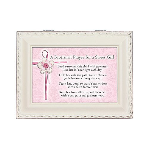 Cottage Garden Baptismal Prayer Keep Her from Harm Ivory Rope Trim Jewelry Music Box Plays Jesus Loves Me