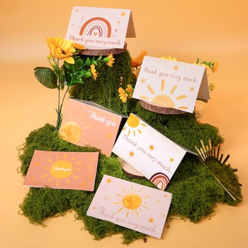 60 Pieces Here Comes the Son Boho Sun Baby Shower Thank You Cards,Includes 30 Pieces Envelopes and 30 Pieces Sunshine Blank Cards with Boho Stickers for Birthday Party Supplies - color: sun