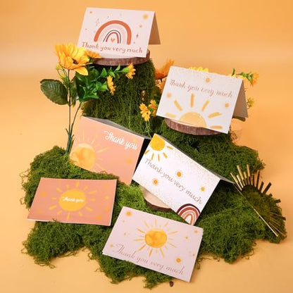 60 Pieces Here Comes the Son Boho Sun Baby Shower Thank You Cards,Includes 30 Pieces Envelopes and 30 Pieces Sunshine Blank Cards with Boho Stickers for Birthday Party Supplies - color: sun