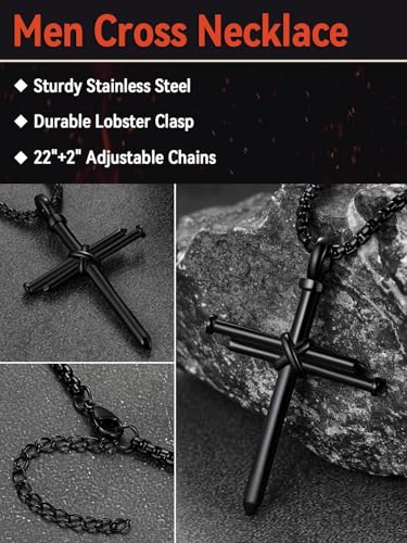 FaithHeart Stainless Steel Cross Necklace for Men, Silver/Black/Gold Cross Chains for Men Religious Amulet Necklaces Christian Gifts for Dad - style: Nail Cross-Black