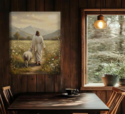 Jesus Leaves The 99 Sheep Canvas Wall Art Jesus and Lamb Posters Prints - size: 24"L x 16"W