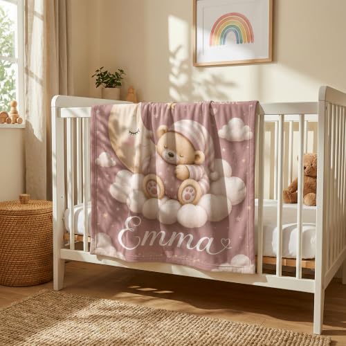 Personalized Baby Blanket With Name, Custom Baby Blankets Gift for Boy Girl - color: Blush Pink, size: Bear