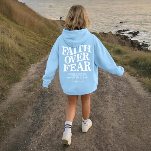 BANGELY Faith Over Fear Hoodie Girl's Christian Sweatshirt Long Sleeve Tops - color: Blue, size: 7-8 Years