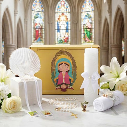 Liliful 7 Pcs Virgen De Guadalupe Baptism Candle Set, Catholic Baptism Gift Candle Towel Shell Rosary Set, Velas para Bautizo Gift for First Communion Baptismal Party Favors
