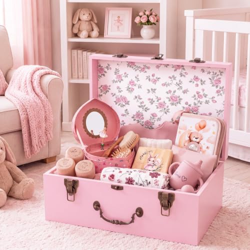SiliFine Pink Keepsake Box for Baby, Wooden Memory Storage for Newborns