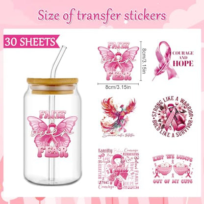 Rngmsi UV DTF Cup Wrap - 30 Sheets Breast Cancer Awareness UV DTF Wraps for 16 oz Glass, Pink Ribbon Hope UVDTF Stickers, Rub on Transfer Decals for Drinking Cups Water Bottles - style: Breast Cancer Awareness
