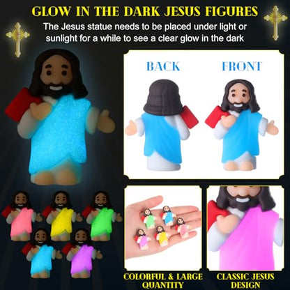 CroBlissful 30 Sets Mini Jesus Figurines Bulk Christian Glow in The Dark with Let Your Light Shine Cards for Christian Sunday School Religious Party Favor Halloween(Holding A Book) - style: Holding A Book