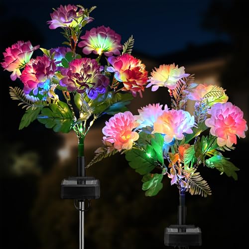 2 Pack Solar Garden Lights Outdoor, LED Colorful Waterproof Solar Powered Chrysanthemum Flowers Landscape Lights for Patio, Outside Yard, Pathway Decorative, Décor, Gifts, Two Lighting Modes - size: 2 Pack
