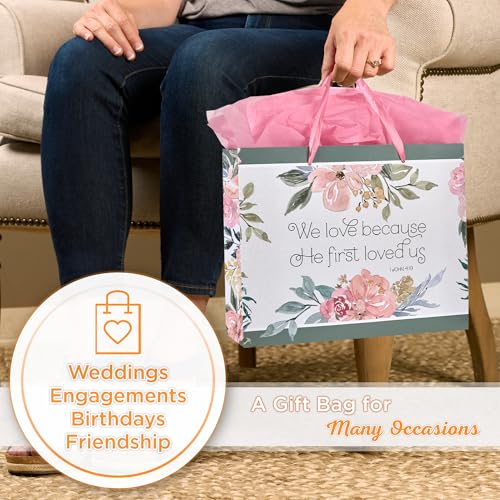 Christian Art Gifts Large Gift Bag with Card & Tissue, He First Loved Us - color: First Love Us/Green & Pink, style: Large Landscape