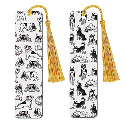 WIRESTER Set of 2 Metal Bookmarks with Light Gold Tassel for Students, Reader, Teachers, Book Lovers - French Bulldog Funny Playful Postures, Siberian Husky Funny Playful Postures - color: French Bulldog, Siberian Husky Playful Postures