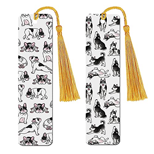 WIRESTER Set of 2 Metal Bookmarks with Light Gold Tassel for Students, Reader, Teachers, Book Lovers - French Bulldog Funny Playful Postures, Siberian Husky Funny Playful Postures - color: French Bulldog, Siberian Husky Playful Postures