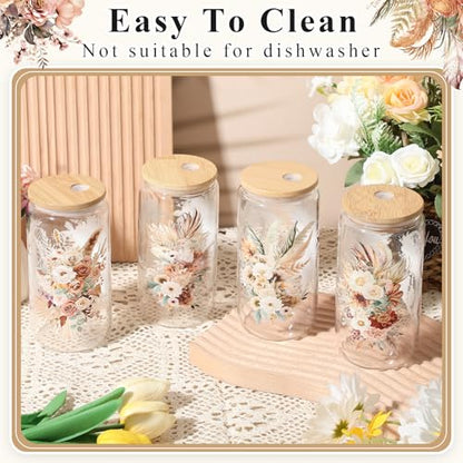 Mumufy 4 Pack Earthy Botanical Glass Cup, 16 oz Tumbler Mug with Bamboo Lid - style: Earthy Botanical