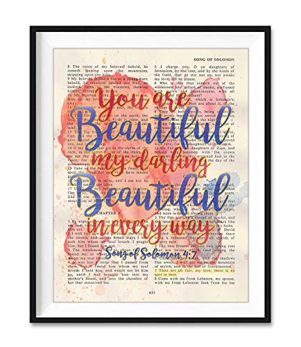 Set of 6 -Watercolor Christian Bible Verse Page Art Prints, Unframed, Song of Solomon 4:7, Psalm 37:4, Genesis 16:13, Ephesians 2:10, Philippians 4:8, Genesis 28:15, Wall Art Decor, 5x7 Inches