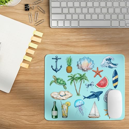 Light Blue Summer Beach Mouse Pad,Small Summer Ocean Mouse Pads,Cute Coastal Desk Mat,Watercolor Rectangle Shell Starfish Desk Pad for Home Office Dorm Desktop Decor,10.2x8.2Inch - color: Sea Items