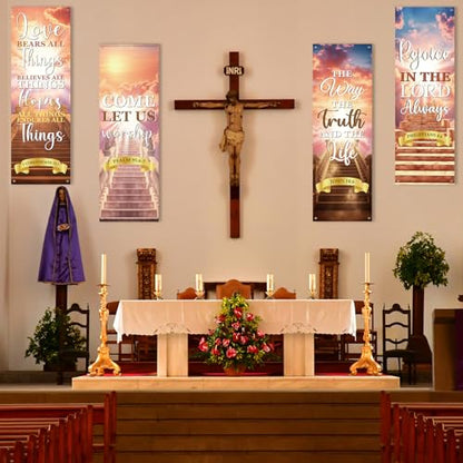 4Pcs Church Banners With Scripture Church Banners for Sanctuary Wall Worship Welcome and Holiday Religious Hanging Backdrop Stairway to Heaven Christian Porch Signs Decors for Churches School - style: Stairway to Heaven