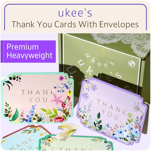 ukee's Floral Thank You Cards, Die-Cut Gold Foil, 100 Cards with Envelopes