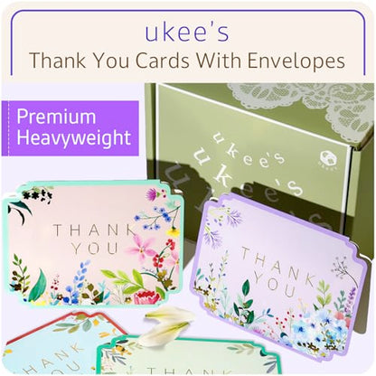 ukee's Floral Thank You Cards, Die-Cut Gold Foil, 100 Cards with Envelopes