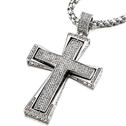 COOLSTEELANDBEYOND Mens Womens EXTRA LARGE Steel Cross Pendant Necklace with Cubic Zirconia and Wheat Chain - color: A-Metal Color: Silver