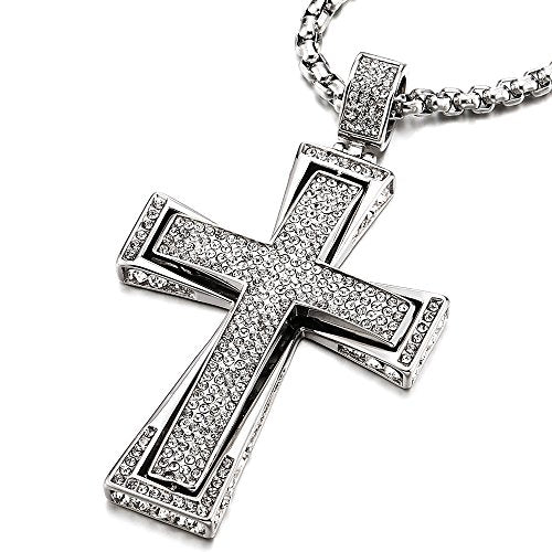COOLSTEELANDBEYOND Mens Womens EXTRA LARGE Steel Cross Pendant Necklace with Cubic Zirconia and Wheat Chain - color: A-Metal Color: Silver