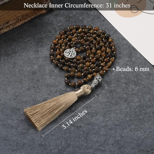 INBLUE 108 Mala Prayer Beads Wrap Necklace with Long Tassel Boho Necklace for Women Amazonite Bead Bracelet with Spiritual Tree of Life Pendant 108 Beads Necklace for Meditation - color: Natural Tiger Eye